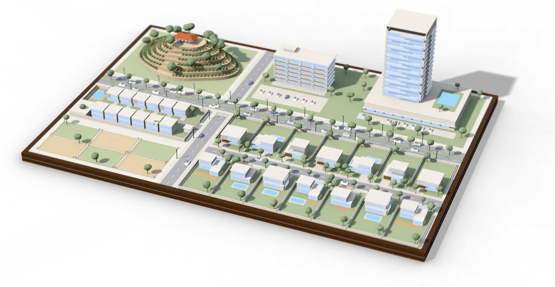 Ilustración 3D: maqueta de un desarrollo con calle de casas, torre de apartamentos, edificio de alquileres, condominio con garita, terrenos con estacas y una finca de café.